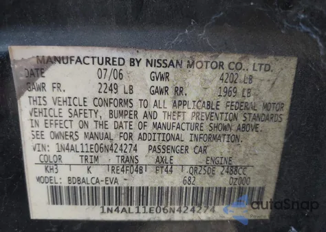2006 Nissan Altima 2.5 S z USA, uszkodzony, nr VIN 1N4AL11E06N424274